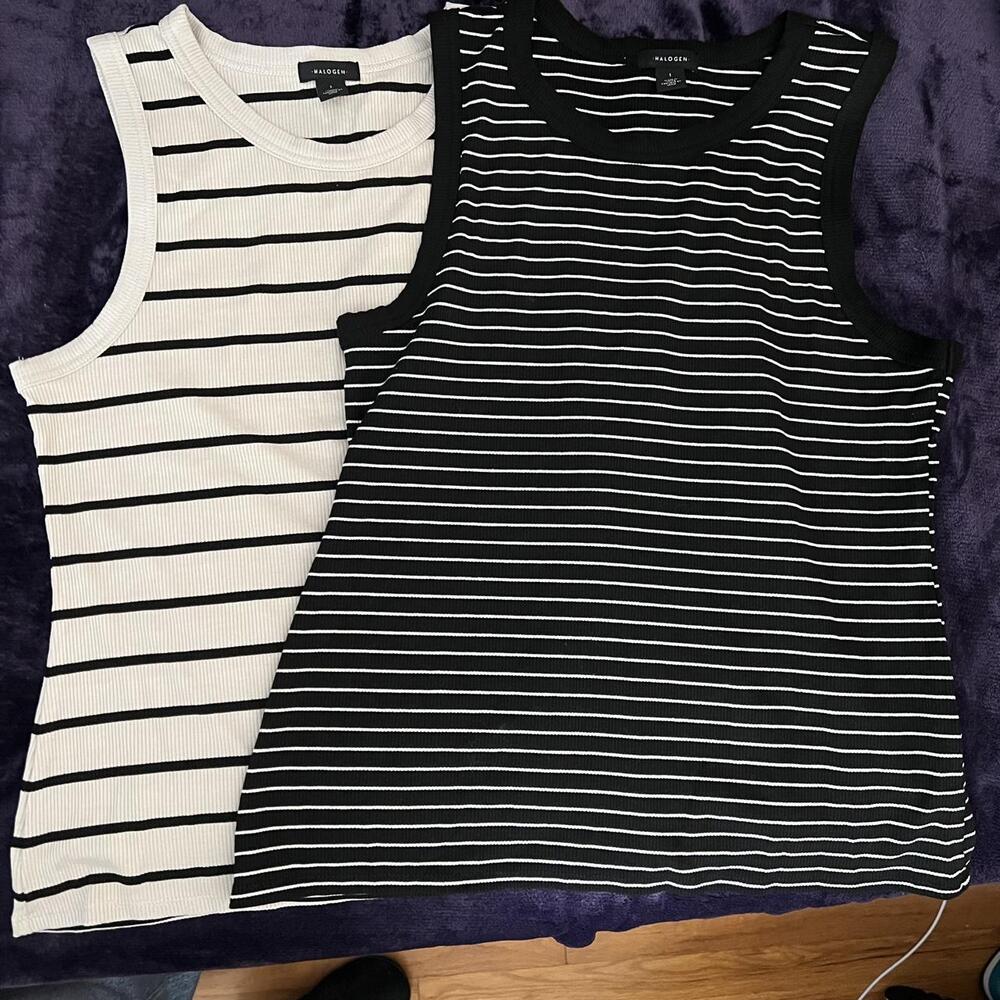 Halogen Women's fitted black and white striped ribbed tank tops in size L